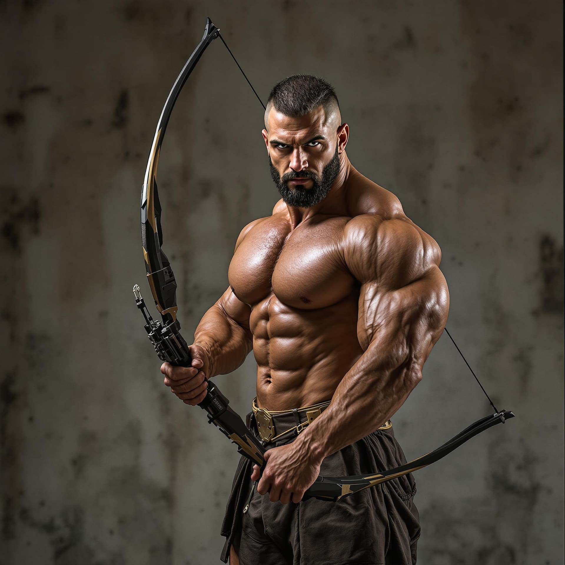 AI generated: full view of bodybuilder standing in archer pose while looking at the camera