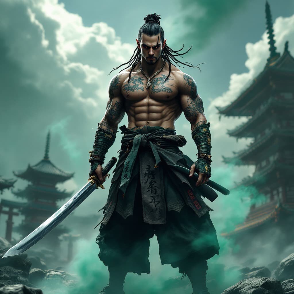 AI generated: samurai, epic professional photo fullbody, shoot, standing, tatto, muscular, katanawith kanji, green...