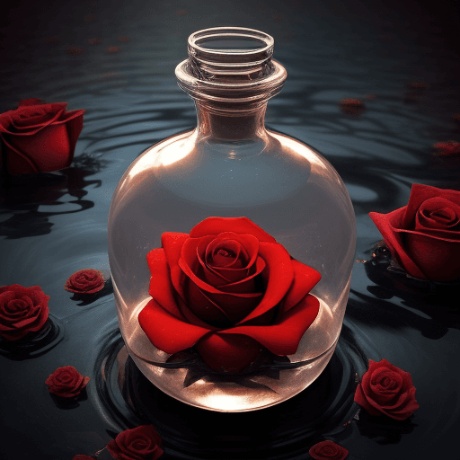 AI generated: A rose in a bottle floating through the rivers of hell