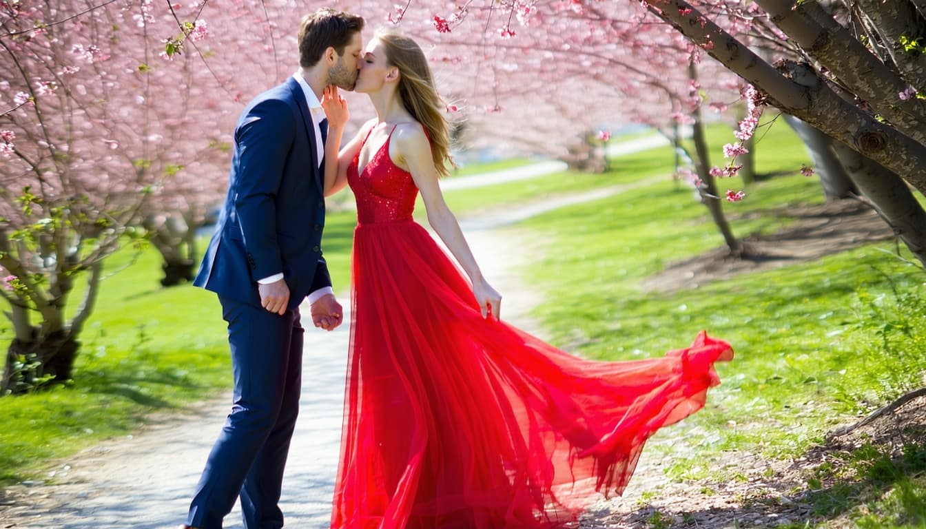 AI generated: A full-length shot of two men and a woman. It's springtime, and the man is kissing the woman in a fl...