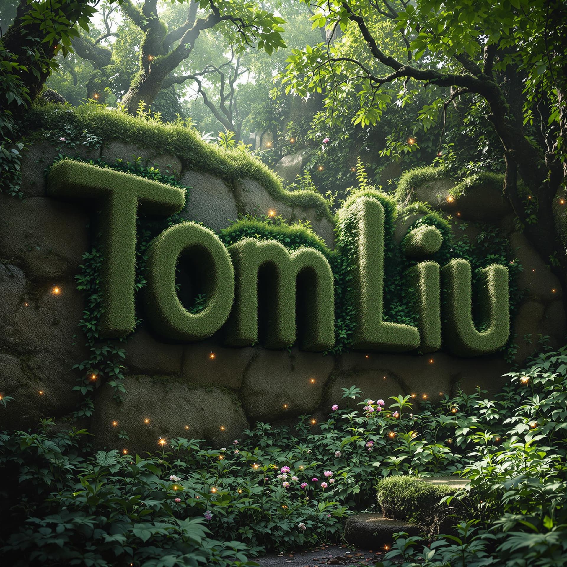 AI generated: A dense, overgrown forest where the text 'Tom Liu' is sculpted from moss-covered stone ruins. Ivy, f...
