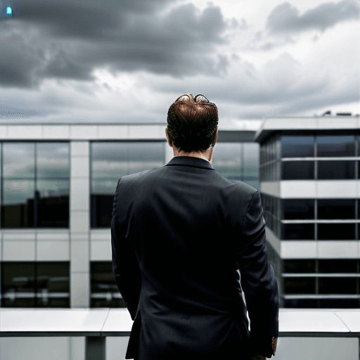 AI generated: Realistic photo on a cloudy day of a The boss in the suit, seen from behind facing the company, is l...