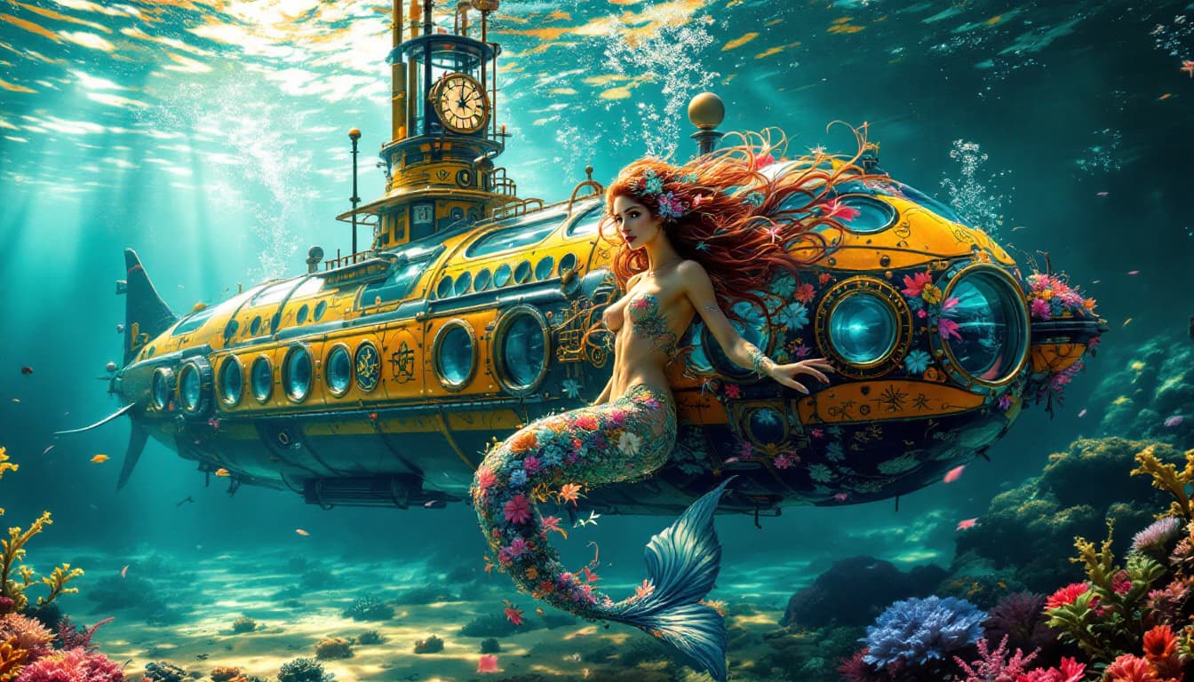 AI generated: Envision a photorealistic rendering of a 1920s steampunk submarine, echoing Jules Verne's imaginatio...