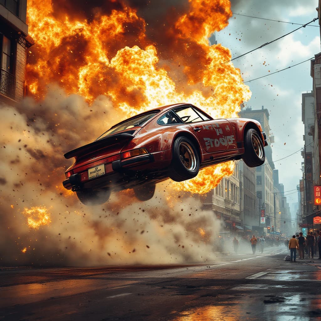 AI generated: (Action film photograph) a Porsche is (flying high through the air), being driven by an action star....