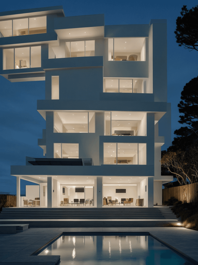 AI generated: Hyper realistic eye level exterior photo of a modern style house overlooking the ocean, night time, ...