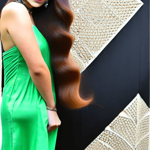 AI generated: Young woman, long brown hair, ponytail, light makeup, light green dress, small breasts, queen of spa...