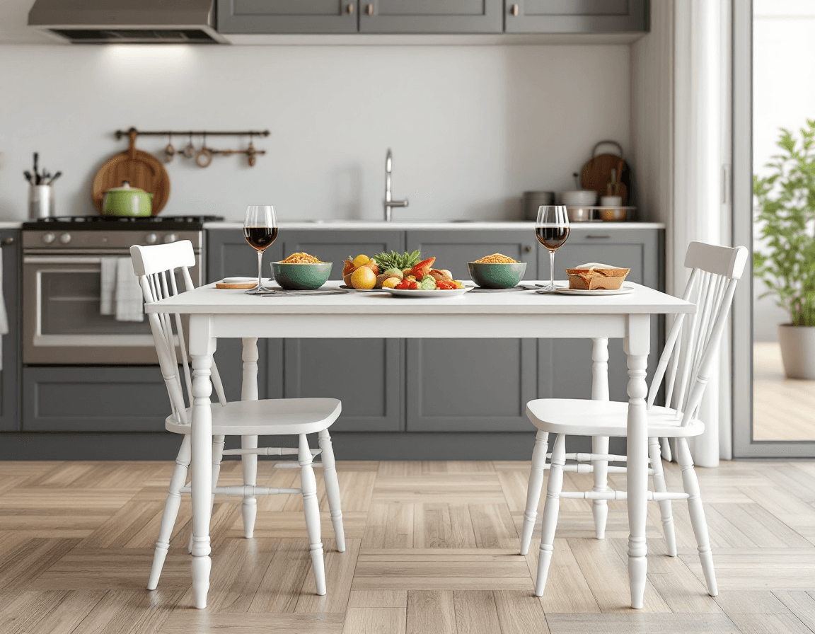 AI generated: A modern minimalistic grey kitchen with stainless steel appliances and wooden floor, a rectangular w...