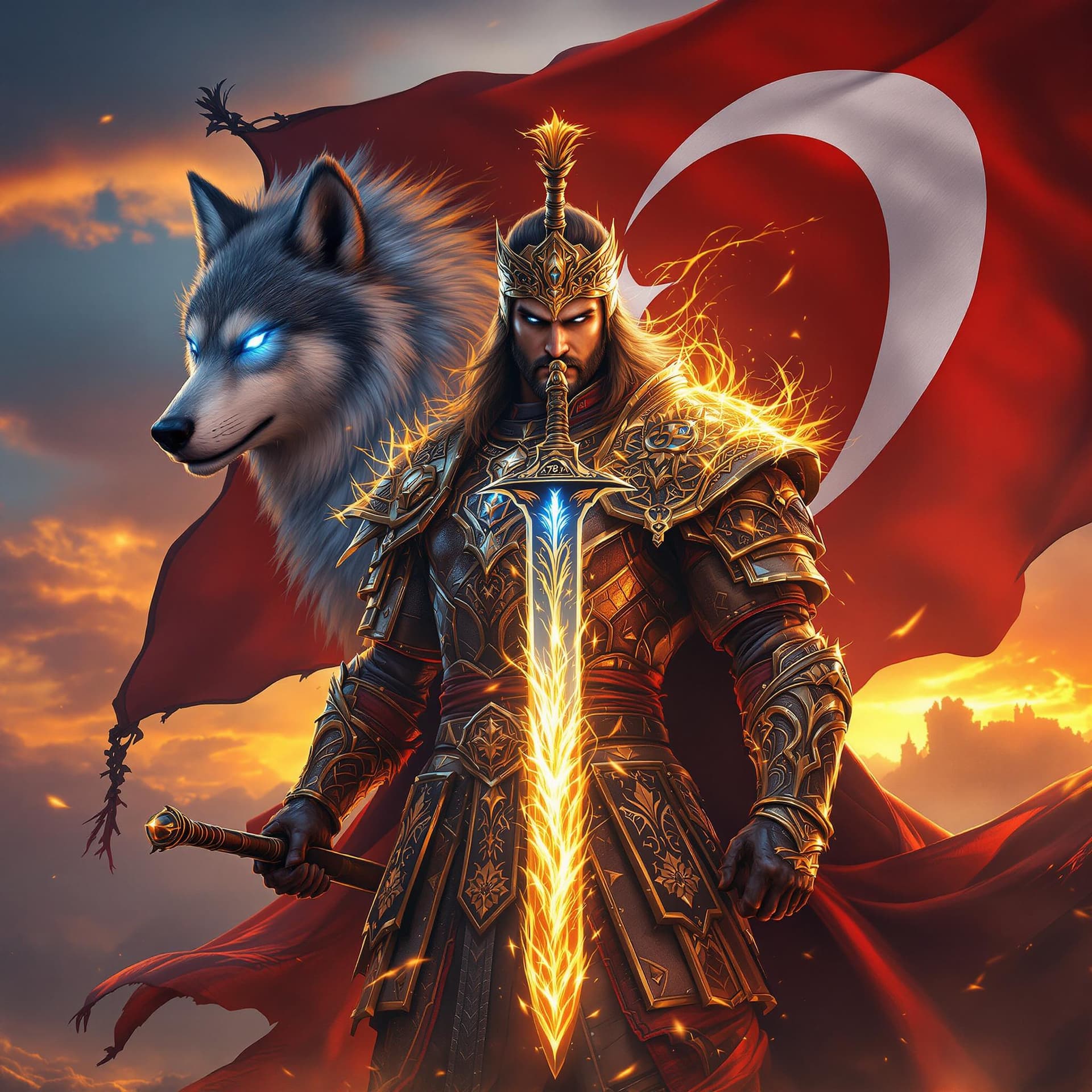 AI generated: A fierce Turkish warrior clad in traditional armor inspired by ancient Turkish mythology, holding a ...