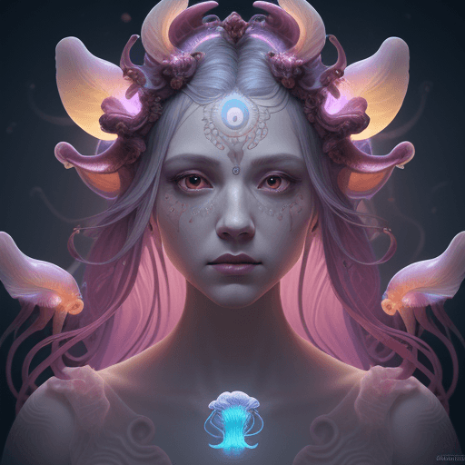 AI generated: Goddess close-up portrait ribcagel. jellyfish phoenix head, nautilus, orchid, skull, betta fish, bio...