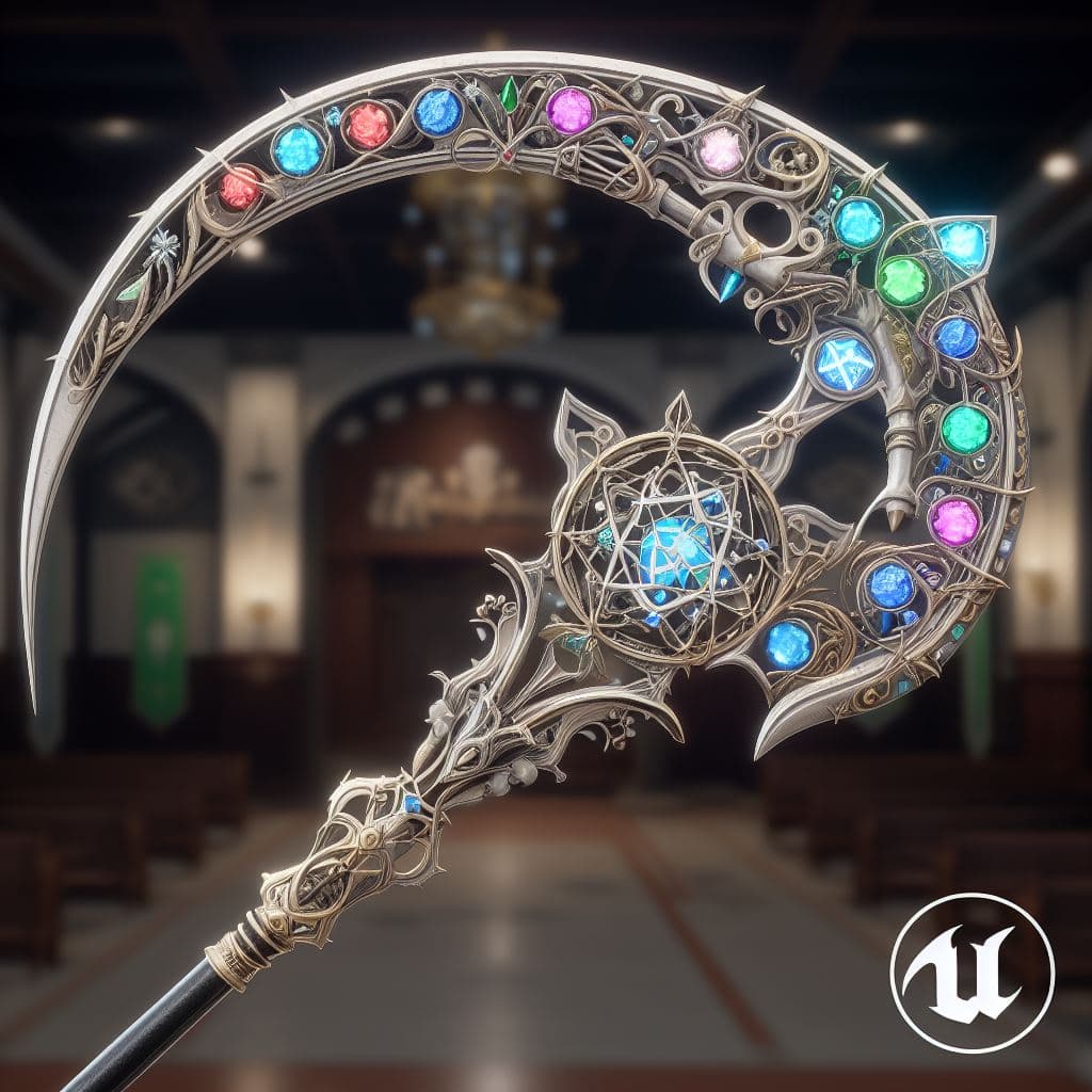 AI generated: this staff is styled as a curved (U) shaped SCYTHE and is adorned made of elemental magic, adorned w...