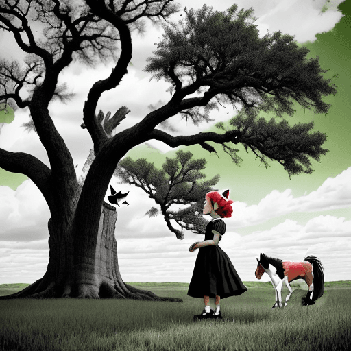 AI generated: Photo of a woman, with a little girl , a dorg  green and a cat red, an appe braun  and a bird black ...