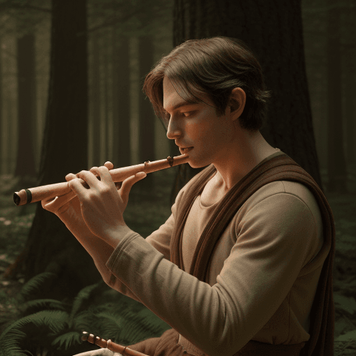 AI generated: an average looking, DnD human, in a forest, plaing a wooden piccolo flute, cinematic light, 4k, phot...