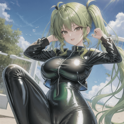 AI generated: jane kaczmarek green bodysuit shiny clothes twintails latex bodysuit