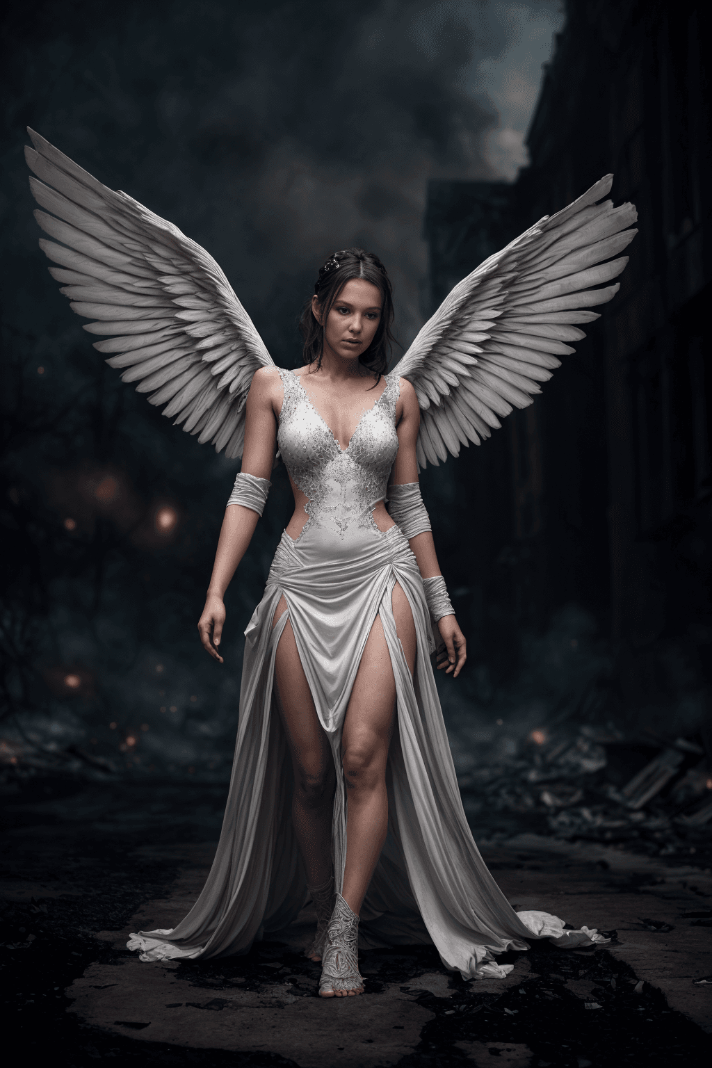 AI generated: (front view:1.2) of a graceful female angel, large white wings folded down, sad, intricate white dre...