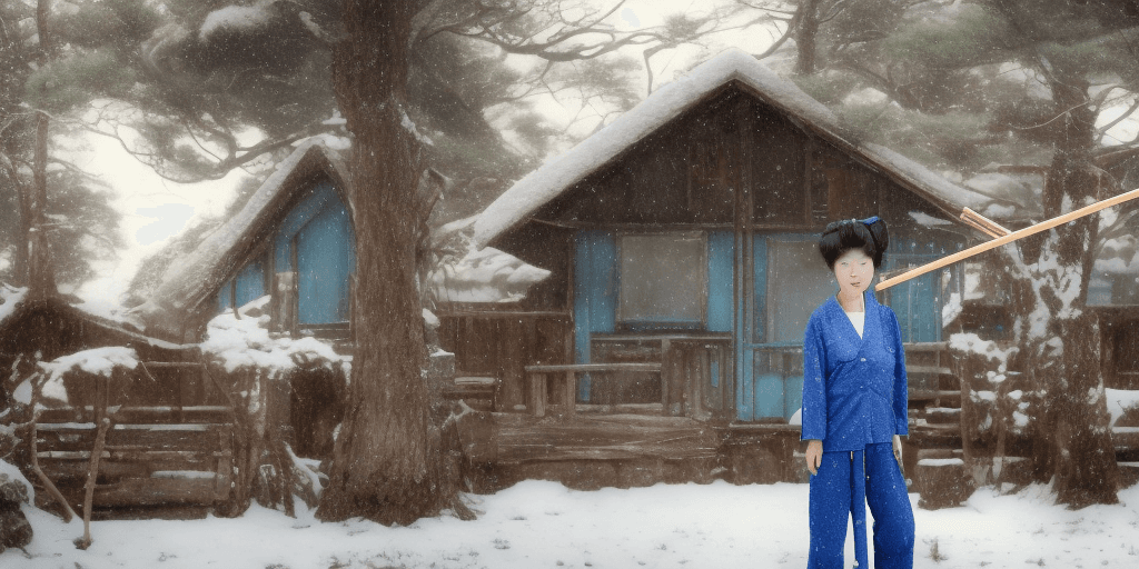 AI generated: A Japanese woman wearing a blue shirt and long dark green pants is standing in front of an old woode...