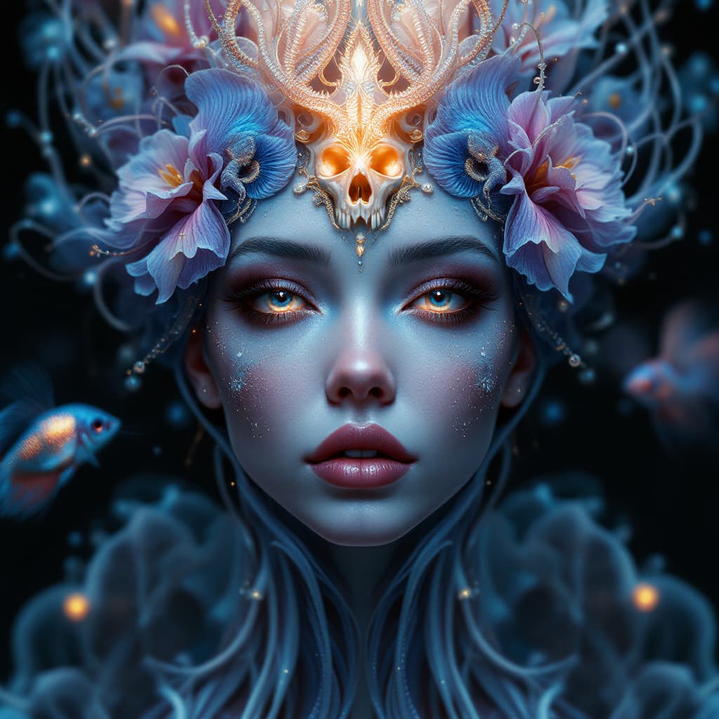 AI generated: Goddess close-up portrait ribcagel. jellyfish phoenix head, nautilus, orchid, skull, betta fish, bio...