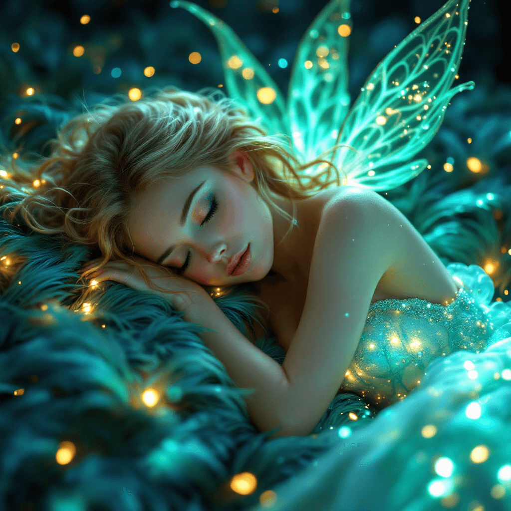 AI generated: A radiant fairy with golden-blonde hair and delicate glowing wings sleeps gently on a bed of peacock...