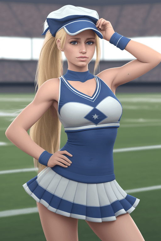 AI generated: Realistic beautiful blonde girl Argentinian wearing ponytail wearing cheerleader outfit standing on ...