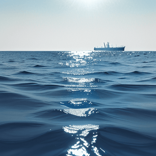 AI generated: view from the water surface of an empty ocean at noon with no waves, a distant angled horizon, and h...