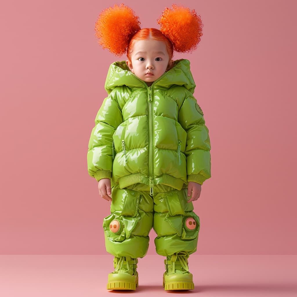 AI generated: a little a girl with orange hair stands on a pink background. her outfit consists of a large puffer ...
