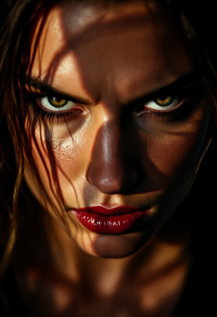 AI generated: Fierce woman with intense eyes, 3/4 turn view, dramatic lighting from below casting sharp shadows on...