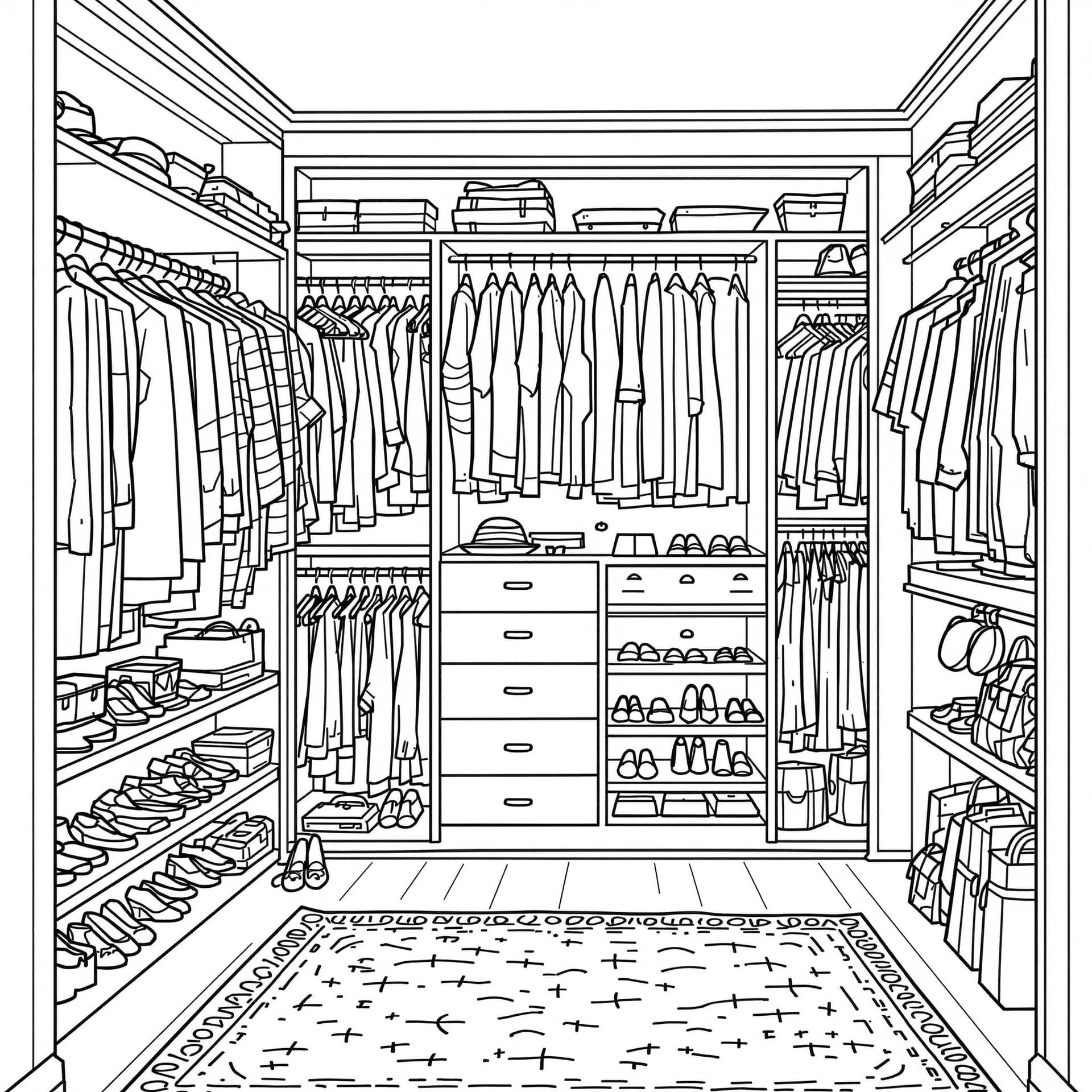 AI generated: High-resolution black-and-white line drawing of a walk-in closet: Include detailed elements such as ...