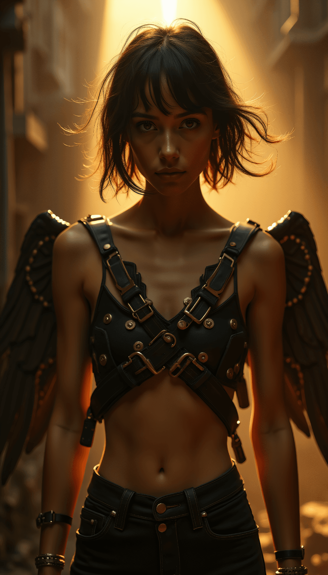 AI generated: dystopian style Mid-twenties woman with windblown short natural hair in brass-adorned leather crop t...