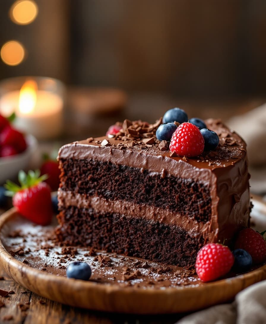 AI generated: rich chocolate cake, ultra-detailed, gooey chocolate frosting, decadent layers, a sprinkle of chocol...