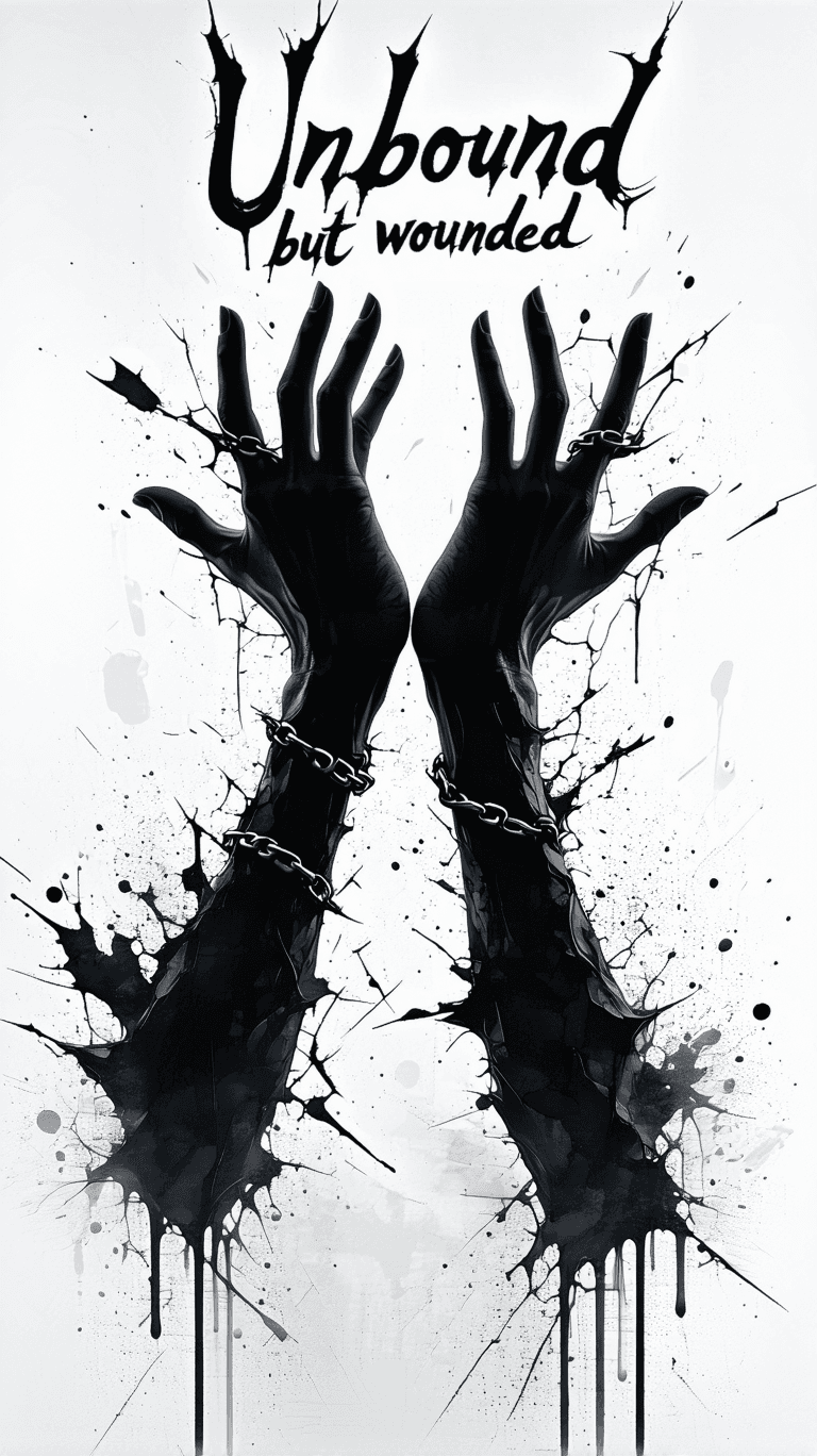 AI generated: ink-splattered broken chains, hands reaching upward, script “Unbound but wounded“ in bold gothic fon...
