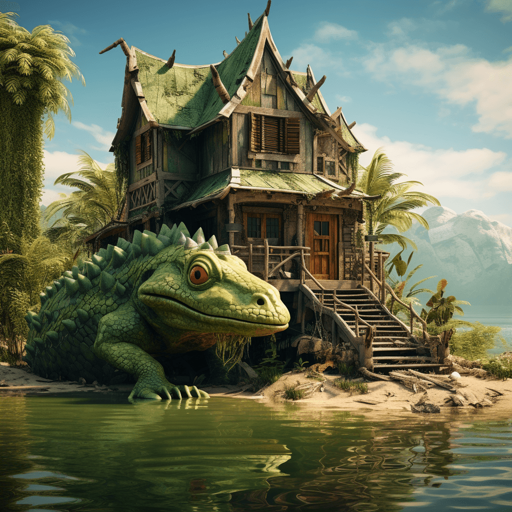 AI generated: giant green lizard in front of a wooden house, crystal clear lagoon, strange vegetation on the shore...