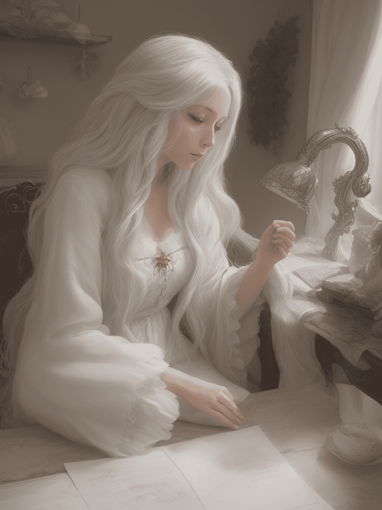 AI generated: High quality composition of an enchanting woman, with her flowing white hair and silky skin emitting...