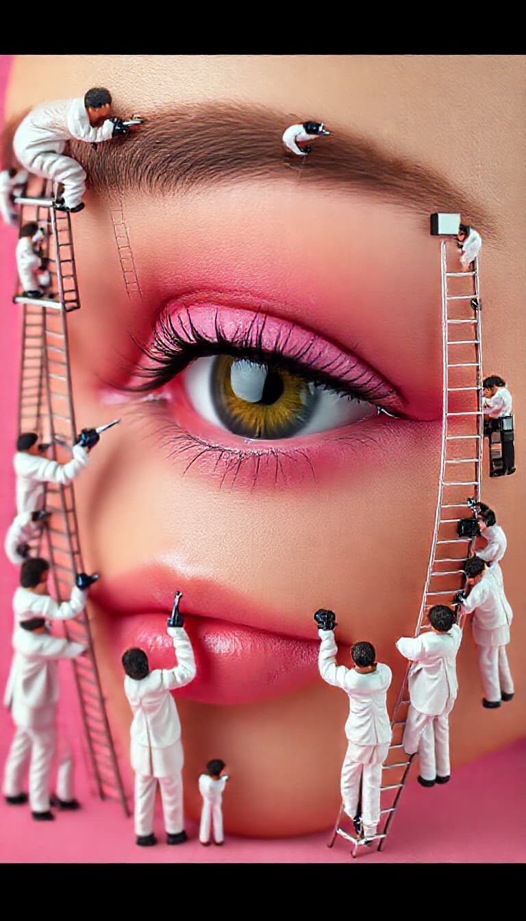 AI generated: Create a Real Eye of a Model Face - A real photo of numerous tiny people, reminiscent of midgets, pe...
