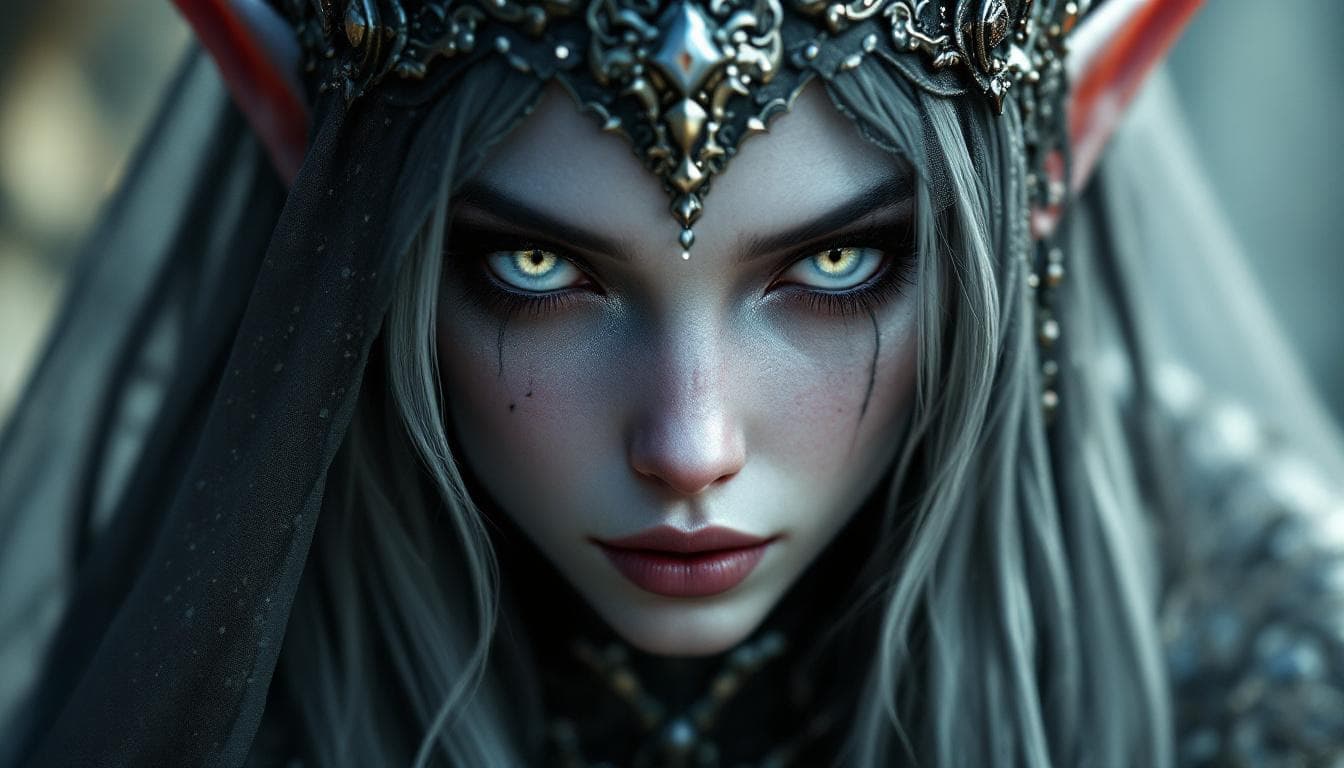 AI generated: photorealistic close-up portrait drow elf. sultry warrior, magic aura! ! ! , onyx skin, beautiful fa...
