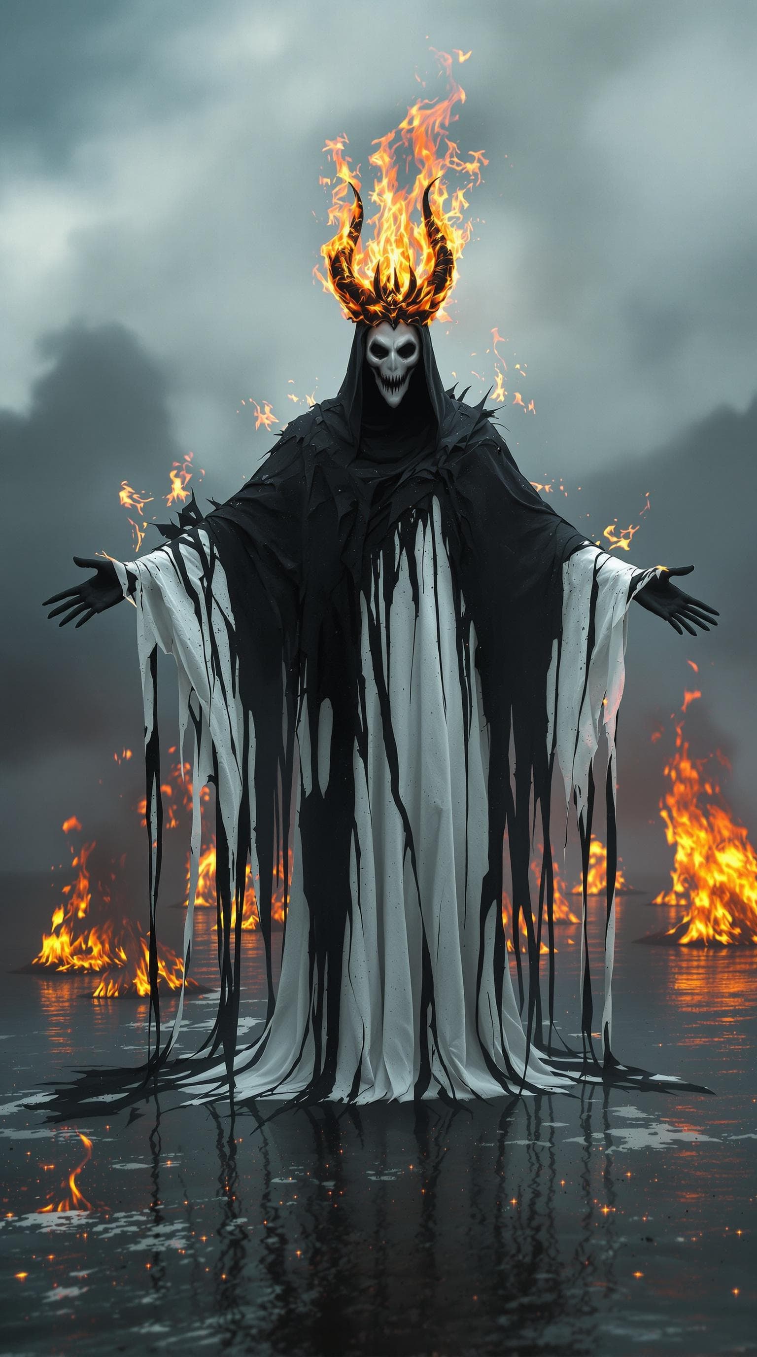AI generated: full body photograph of an ethereal white and black mysterious devilish figure with crown made of fi...