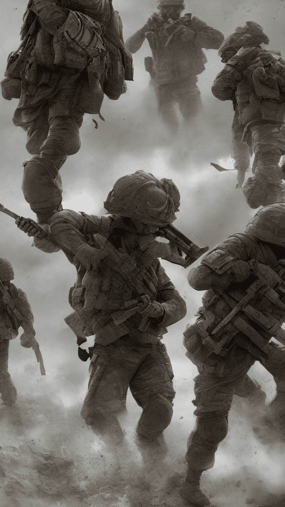 AI generated: war soldiers scene courage and resilience. octane render, trending on artstation,t symmetrical artwo...