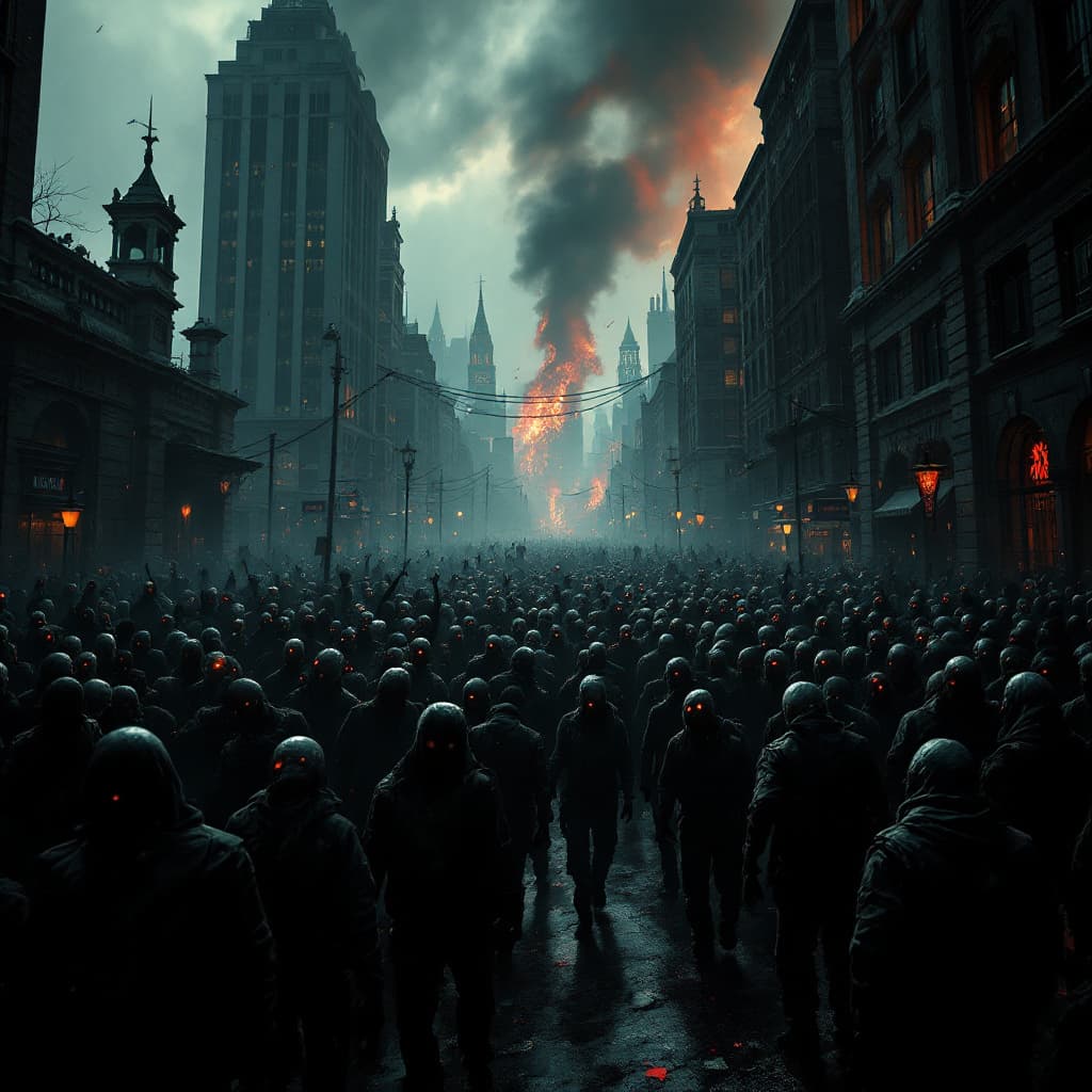 AI generated: Dark city of zombie apocalypse, flock of zombies, dramatic lighting, low angle, 4k resolution 