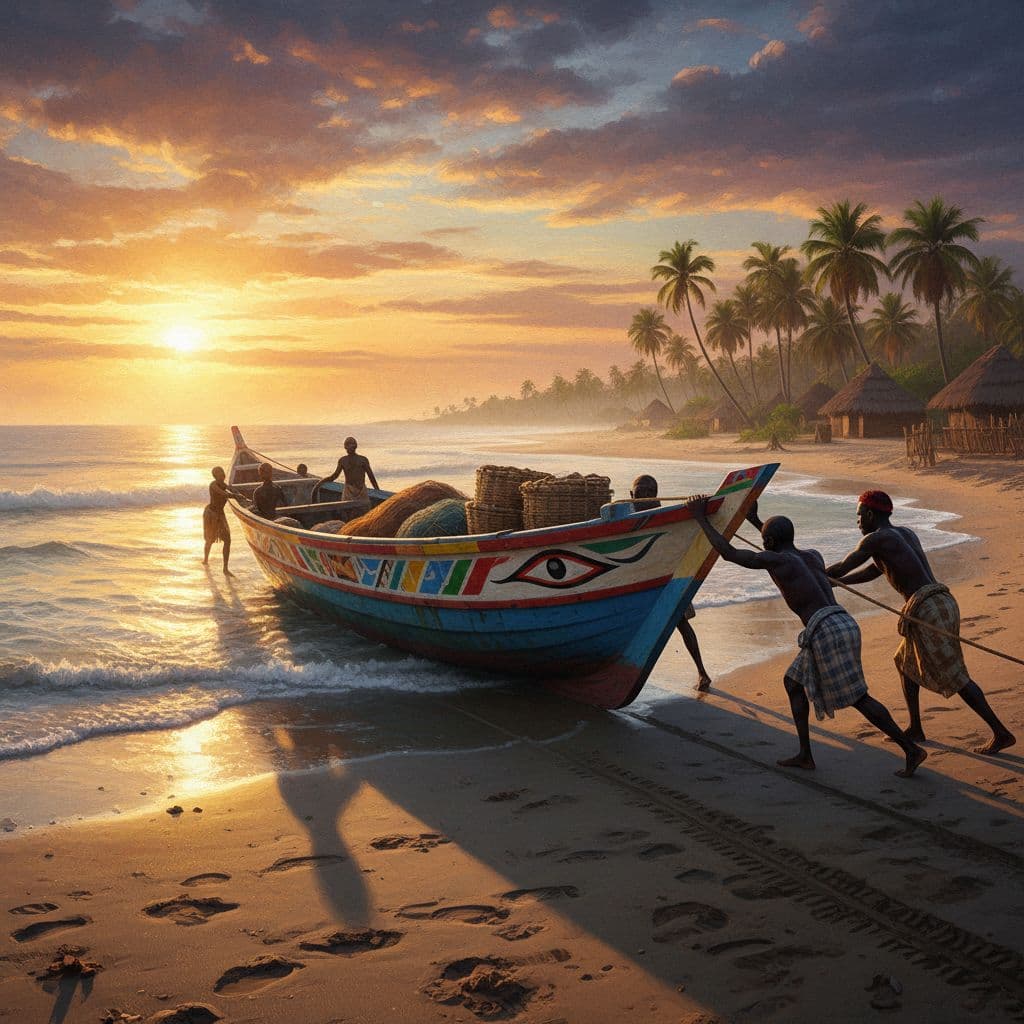 AI generated: 3D cinematic depiction of a traditional Gambian fishing boat launching at dawn.