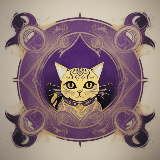 AI generated: Cat tattoo designs by Karimah, in the style of silkscreen, gold and purple, rollerwave, stenciled ic...
