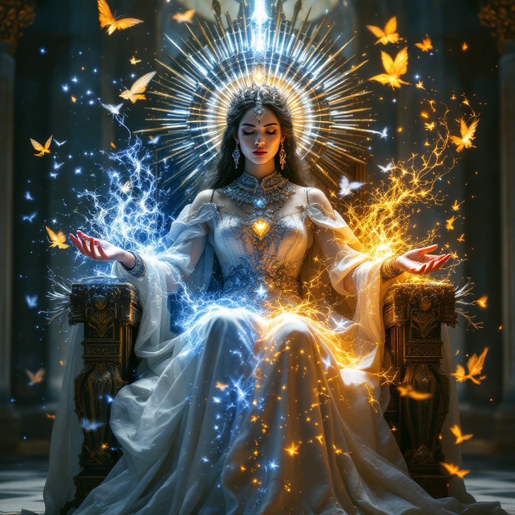 AI generated: A regal court orchestrator, her form shifting as she changes from one persona to the other and with ...