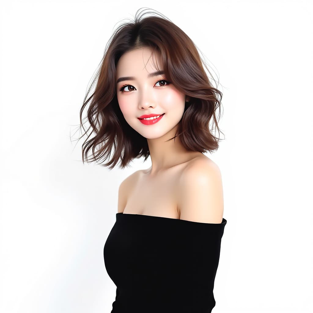 AI generated: Photo of a beautiful chinese woman wearing a black off-the-shoulder top with a cute hairstyle agains...