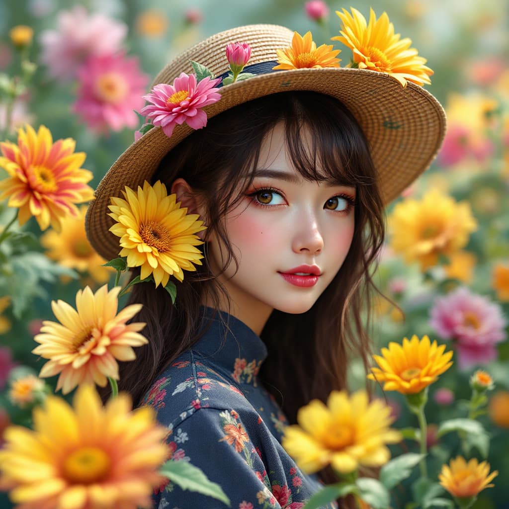 AI generated: woman, anime, a flowers with bright colors, with cap