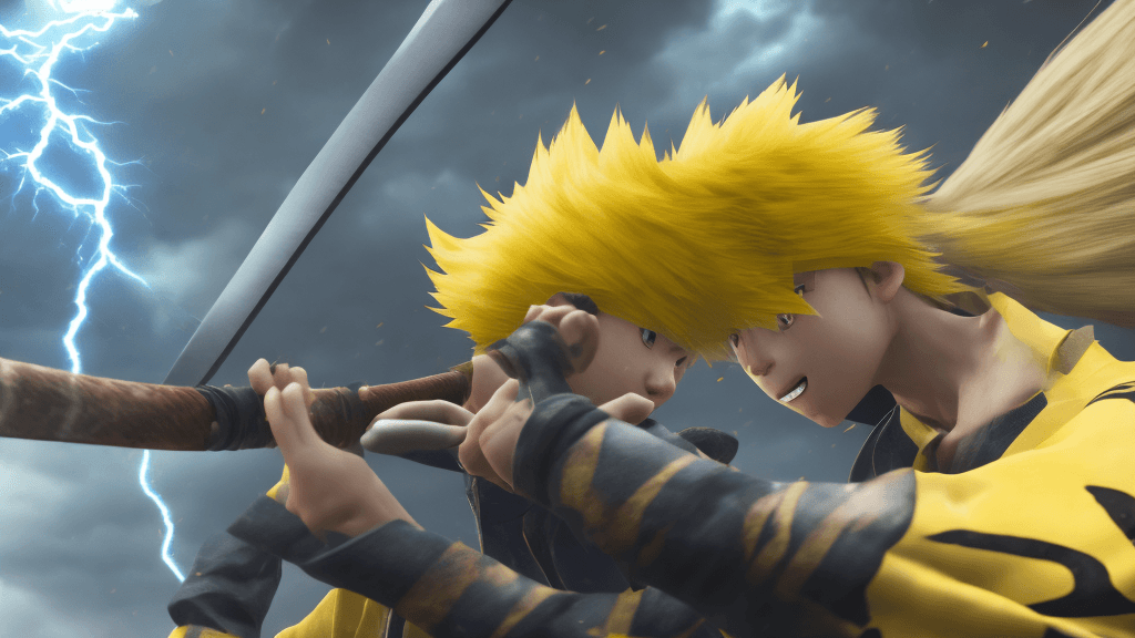 AI generated: a boy named Zenitsu using thunder breathing, yellow haired guy, katana in hand. looking into camera,...