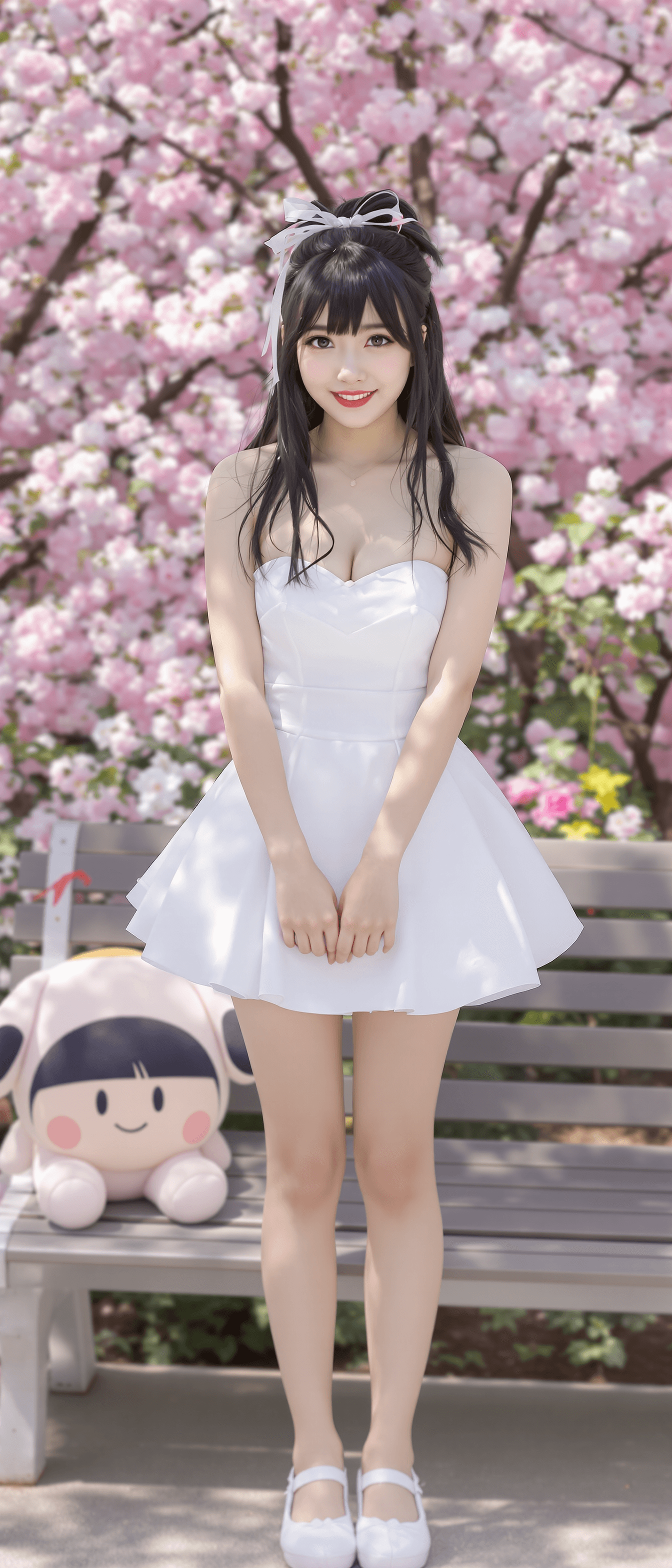 AI generated: 3D Render, full body, 1girl, outdoors, garden, cherry blossoms, all four, shot from above, black hai...