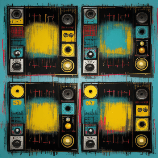 AI generated: Abstract pattern of 4 quadrants of dj equipment.  Primary colors of dark teal and dark yellow. In th...