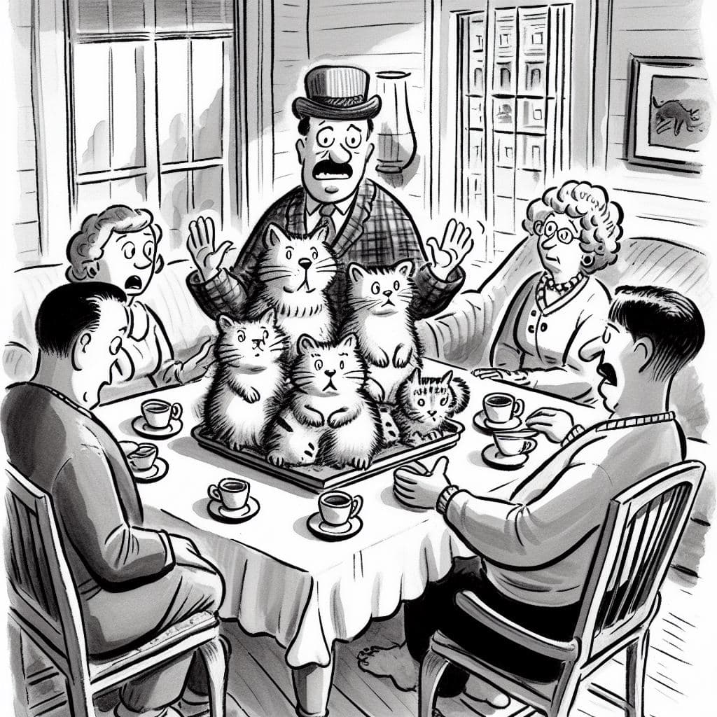 AI generated: A New Yorker cartoon that illustrates the term "Cat's Table"