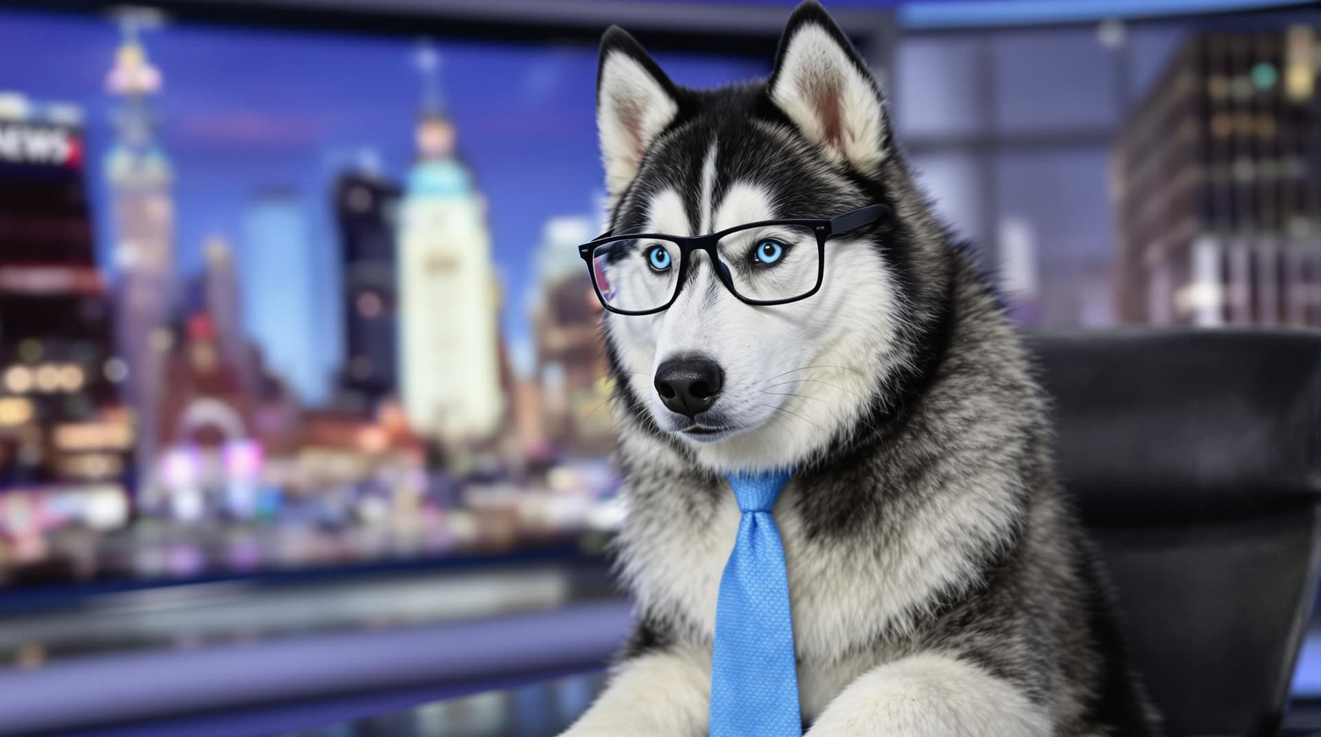 AI generated: Siberian Husky, wearing glasses black and white fur, blue eyes, wearing a blue tie, sitting at desk ...
