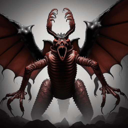 AI generated:  high quality foto of a big monster, 10 legs, 3 arms, slimy, 3 grimaces with big teeth, wings, horro...