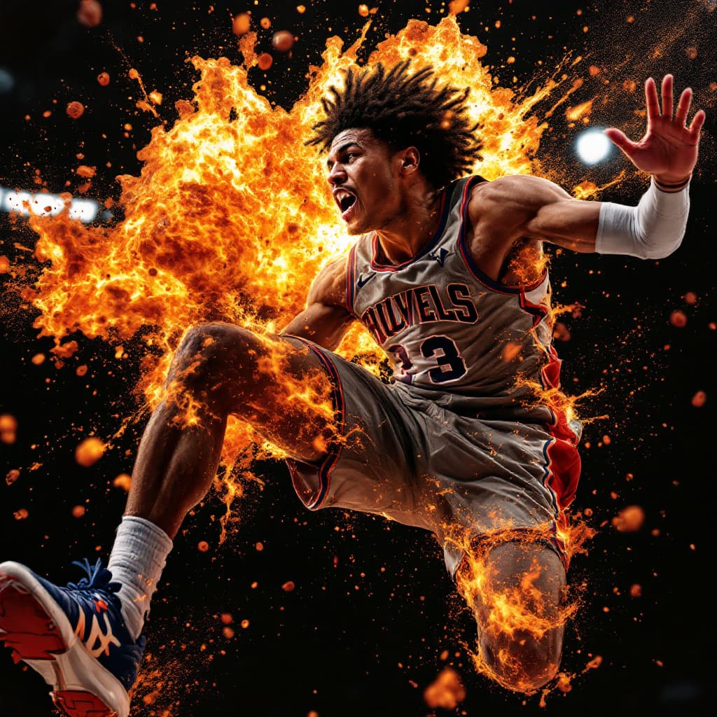 AI generated: A player in mid-air, performing an explosive slam dunk. The lighting captures every detail in crisp ...