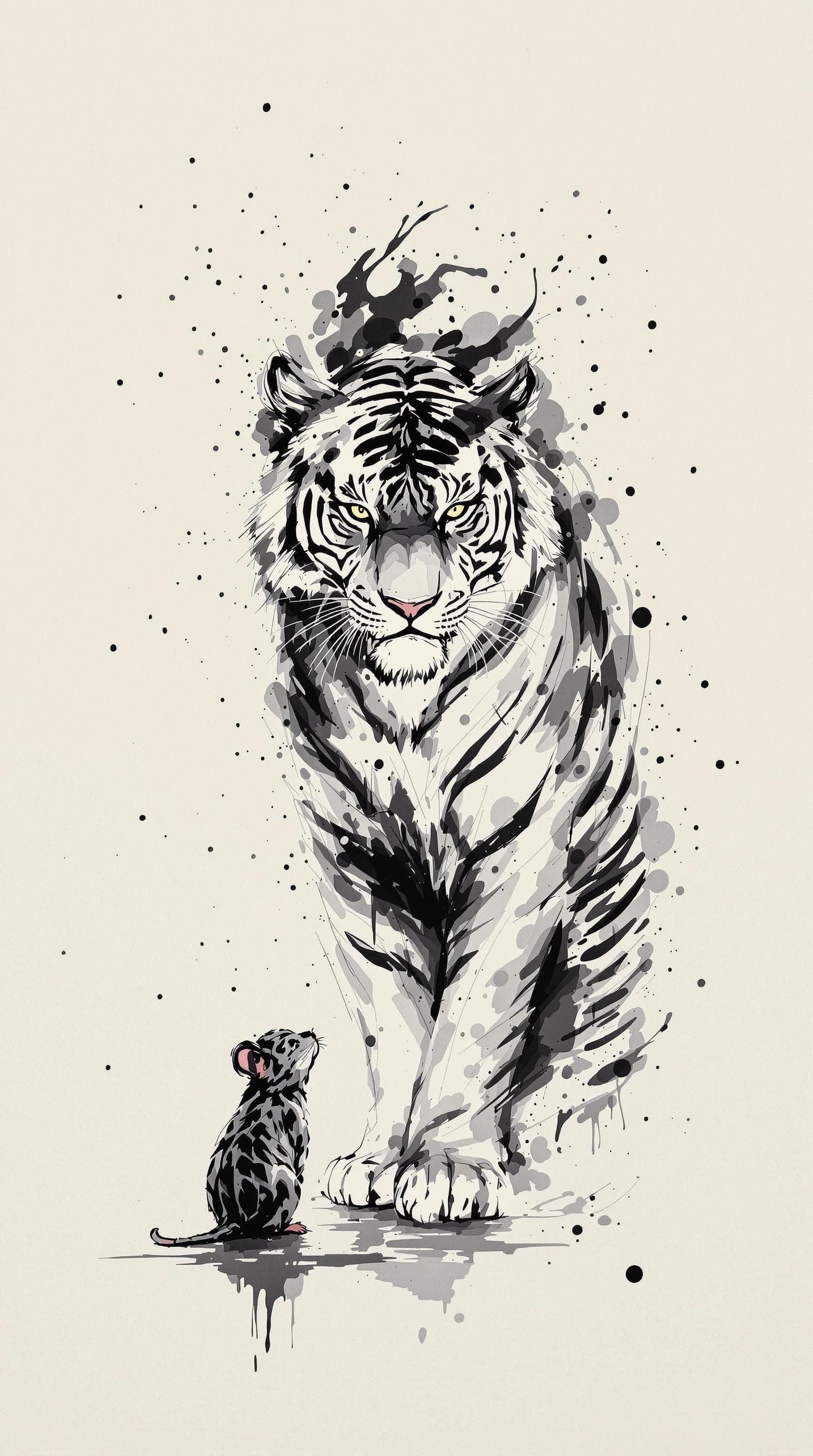 AI generated: a tiger standing by a same sized mouse ,detailed,ink style,Ink splash art on the background,ink styl...