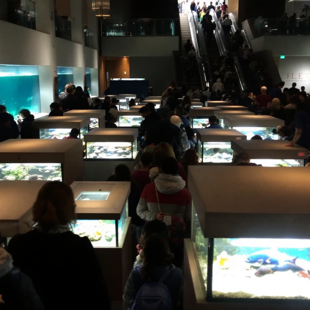 AI generated: Lots of small aquariums, lots of people wearing long sleeves, looking at the fish in the aquariums. ...